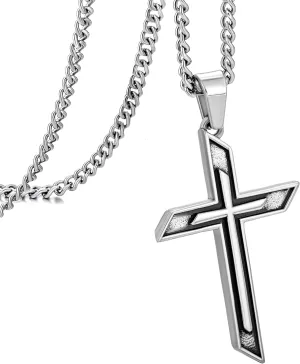 murtoo Two Layer Cross Necklace for Men, Antique Silver Mens Necklace with Carved Cross Pendant, Stainless Steel Cross Necklace