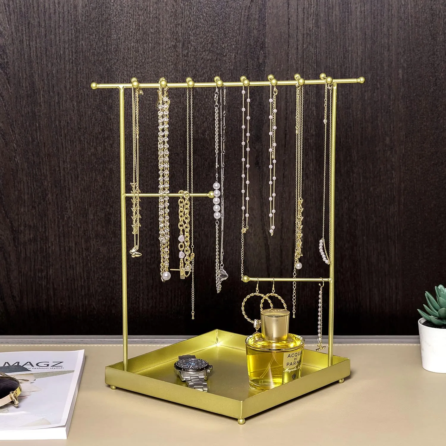 MyGift Matte Metal T Bar Jewelry Stand Organizer with Ring Tray, 3 Bracelet and Necklace Bars and 2 Earring Storage Hanger Bars for 18 pairs of Earrings (Brass)