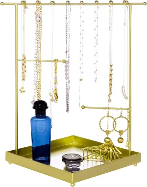 MyGift Matte Metal T Bar Jewelry Stand Organizer with Ring Tray, 3 Bracelet and Necklace Bars and 2 Earring Storage Hanger Bars for 18 pairs of Earrings (Brass)