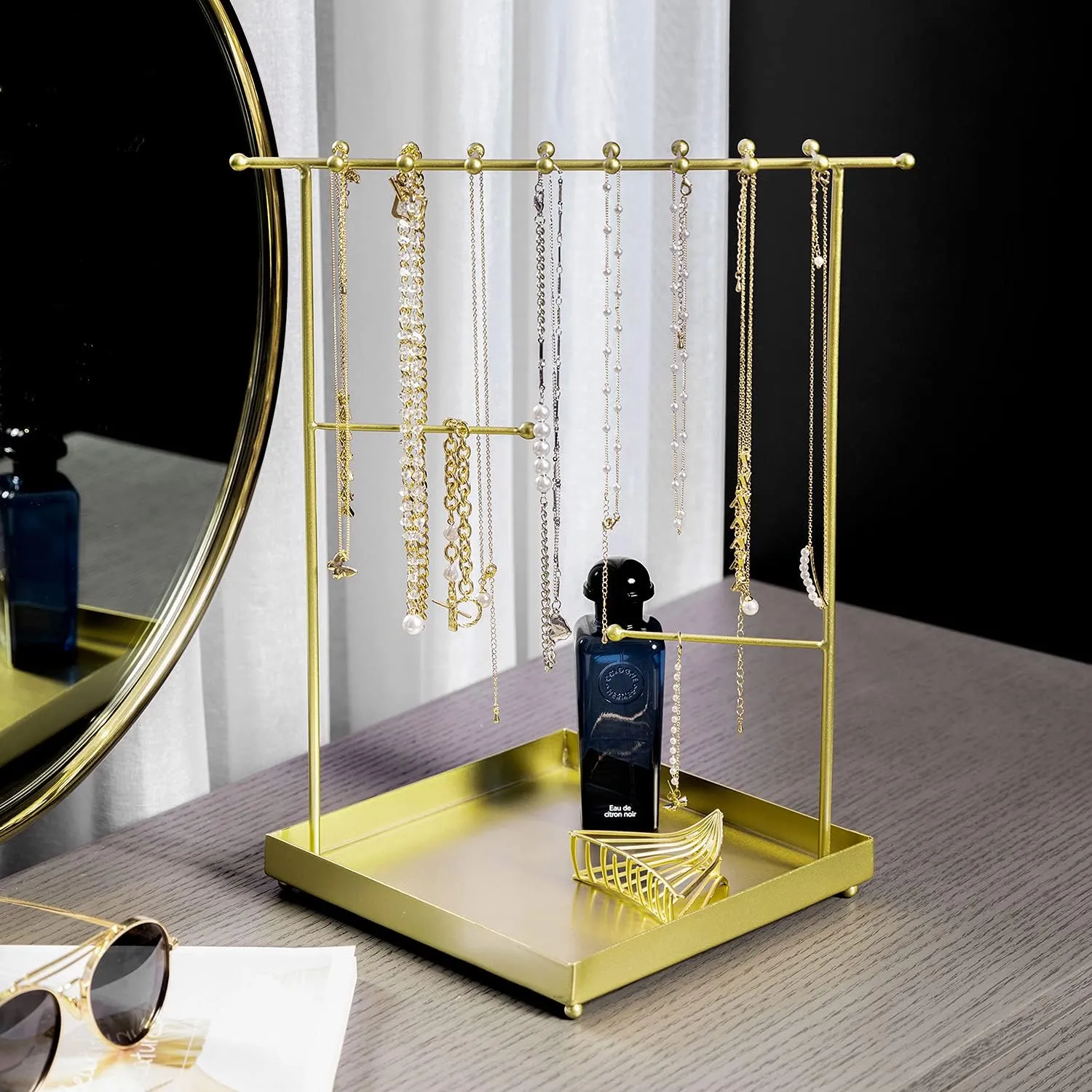 MyGift Matte Metal T Bar Jewelry Stand Organizer with Ring Tray, 3 Bracelet and Necklace Bars and 2 Earring Storage Hanger Bars for 18 pairs of Earrings (Brass)