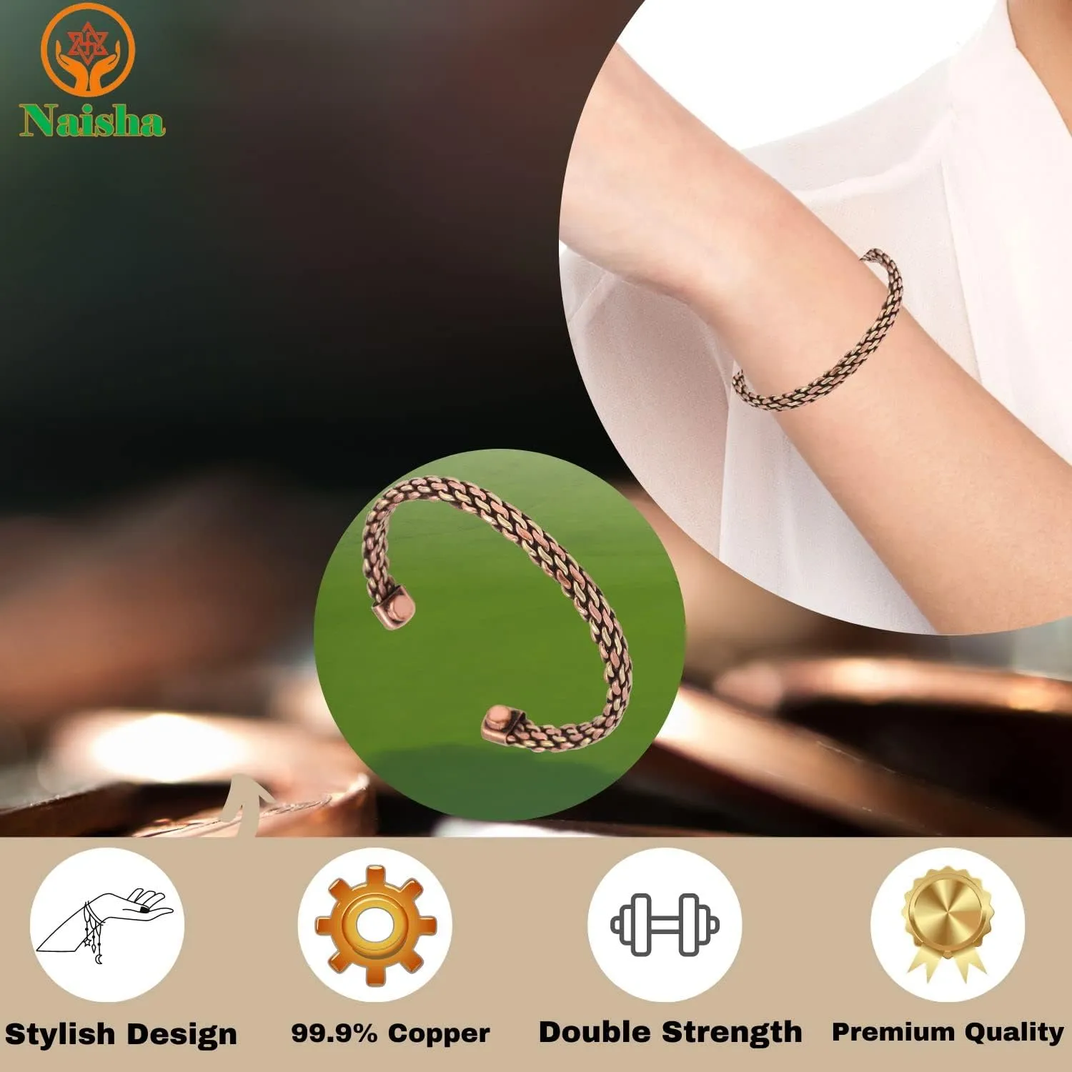 NAISHA Indian Copper Bracelet Handcrafted Chakra Bracelets Jewelry Cuff Gift Bangle Women & Men