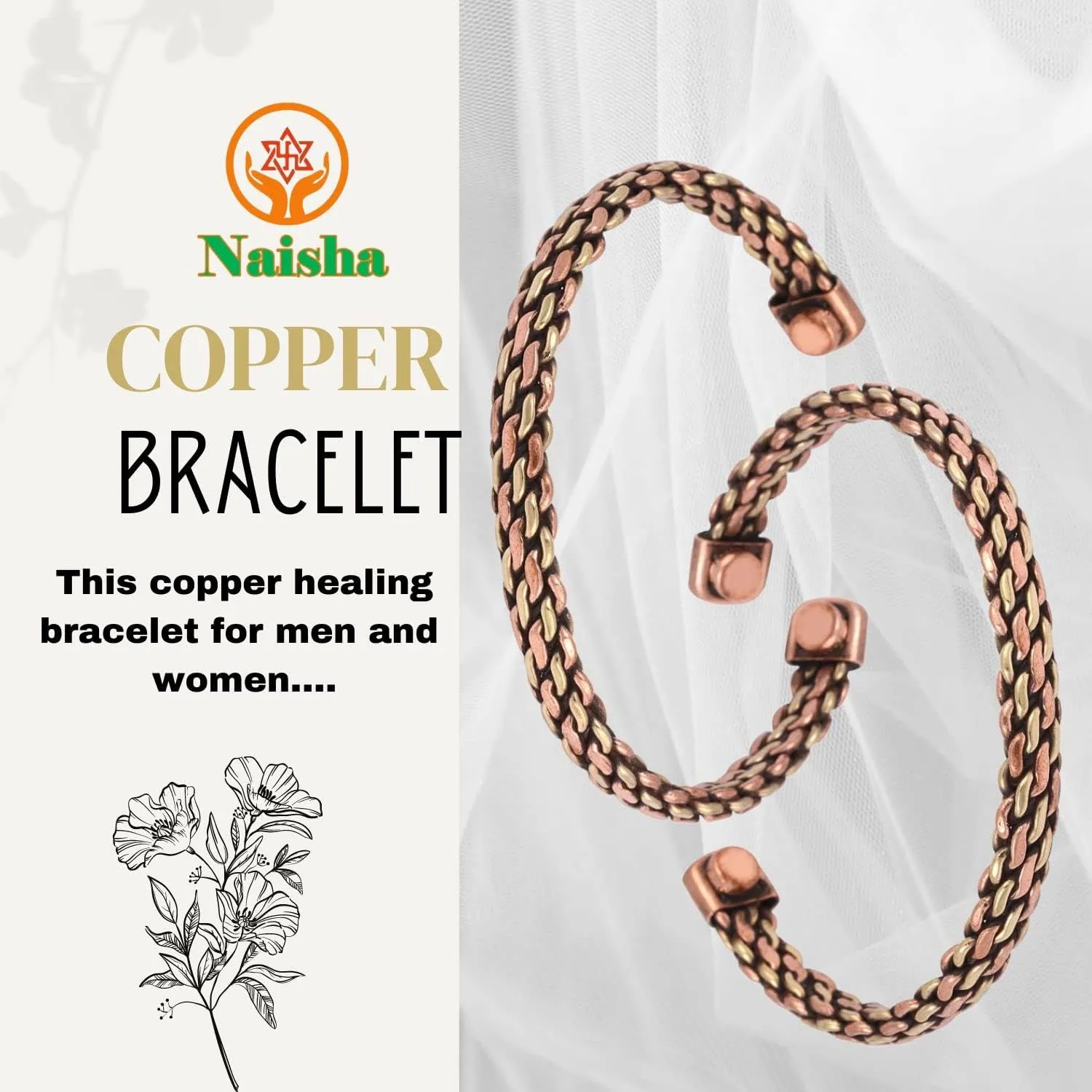 NAISHA Indian Copper Bracelet Handcrafted Chakra Bracelets Jewelry Cuff Gift Bangle Women & Men