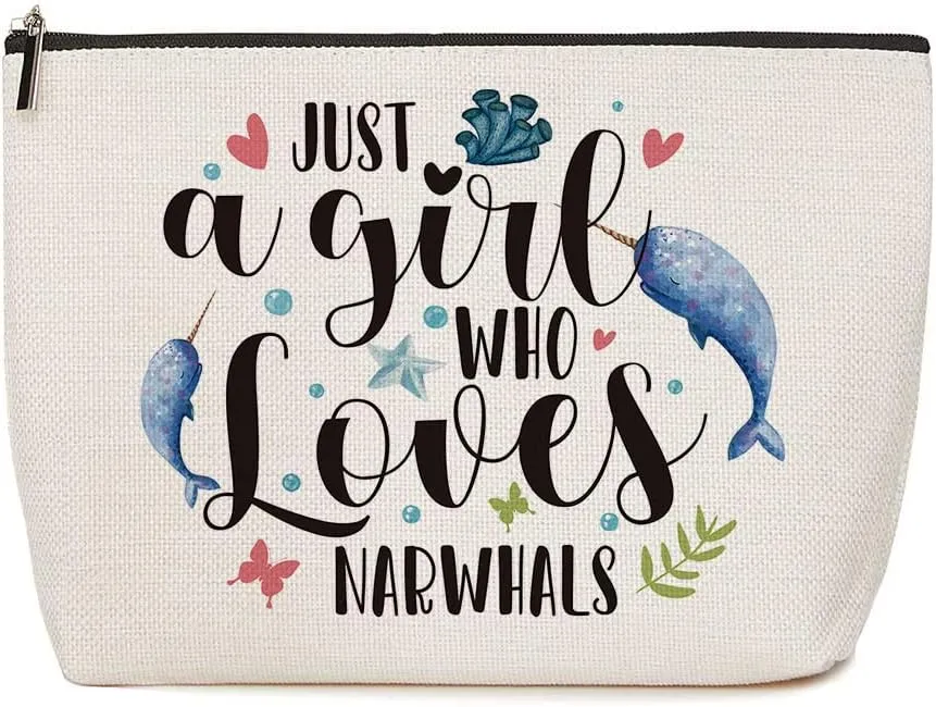 Narwhal Gifts Just A Girl Who Loves Narwhals Makeup Bag Narwhal Lover Gift Ocean Animal Gift Birthday Friendship Graduation Gifts for Women Her Sister Friends Whale Lovers