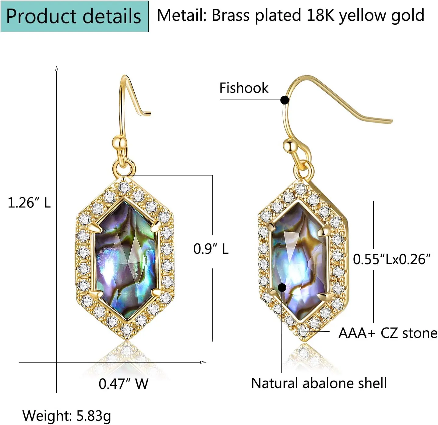 Natural Abalone Dangle Earrings with Halo CZ Leverback Earrings for Women Hypoallergenic Fashion Jewelry