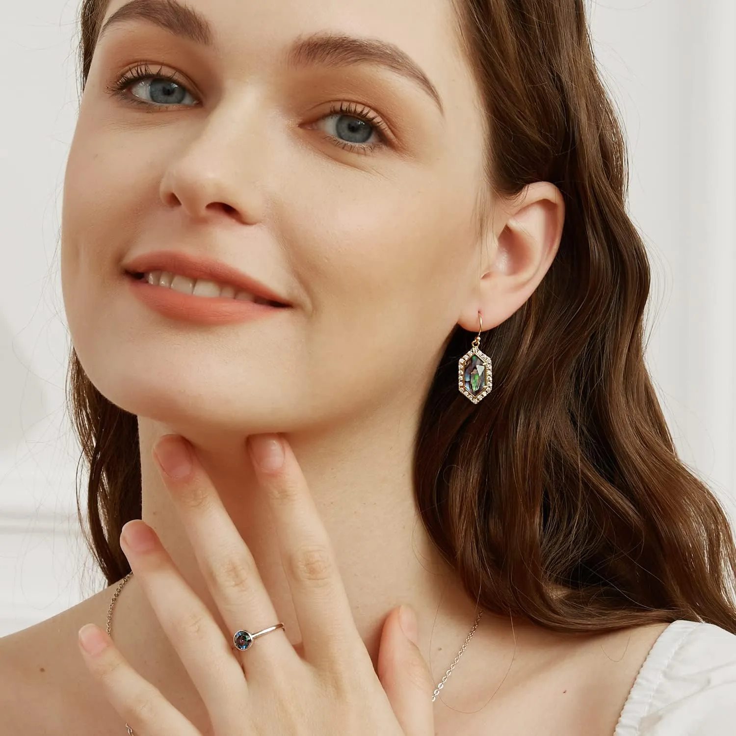 Natural Abalone Dangle Earrings with Halo CZ Leverback Earrings for Women Hypoallergenic Fashion Jewelry