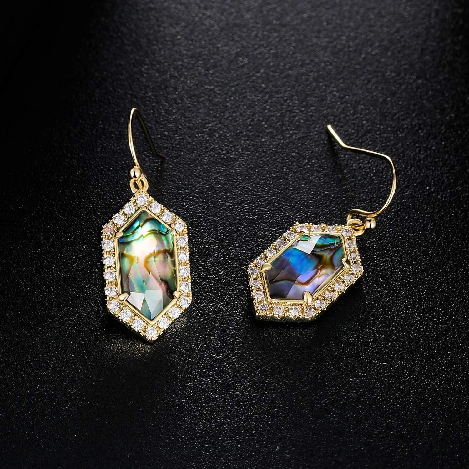 Natural Abalone Dangle Earrings with Halo CZ Leverback Earrings for Women Hypoallergenic Fashion Jewelry