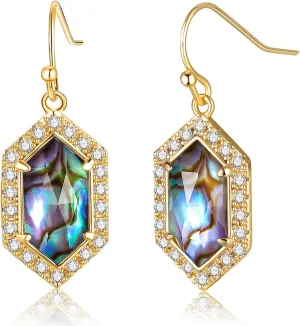 Natural Abalone Dangle Earrings with Halo CZ Leverback Earrings for Women Hypoallergenic Fashion Jewelry