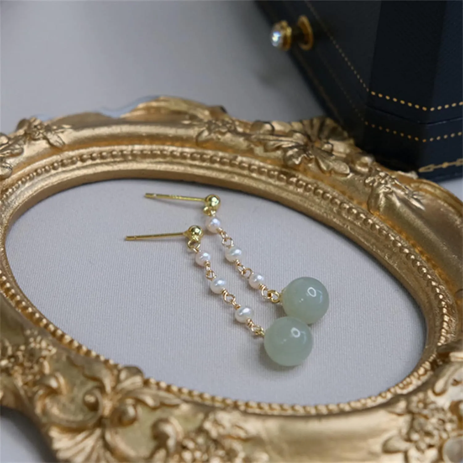 Natural Hetian Jade & Pearl Earrings for Women, Dainty Lucky Green Jade Charm Pendant Jewelry Studs, Handmade Ear Stud Earrings Hoop Earrings for Women (925 Sterling Silver with Gold Plated)