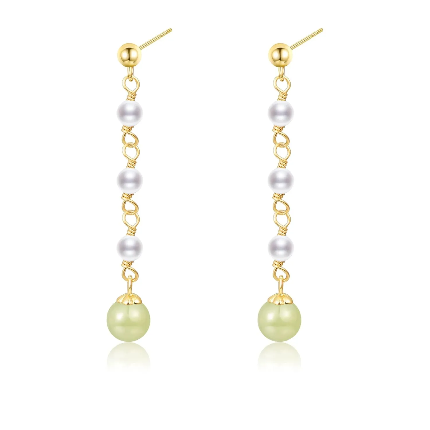 Natural Hetian Jade & Pearl Earrings for Women, Dainty Lucky Green Jade Charm Pendant Jewelry Studs, Handmade Ear Stud Earrings Hoop Earrings for Women (925 Sterling Silver with Gold Plated)