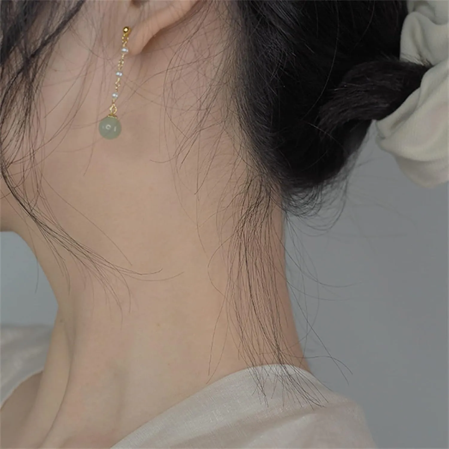 Natural Hetian Jade & Pearl Earrings for Women, Dainty Lucky Green Jade Charm Pendant Jewelry Studs, Handmade Ear Stud Earrings Hoop Earrings for Women (925 Sterling Silver with Gold Plated)