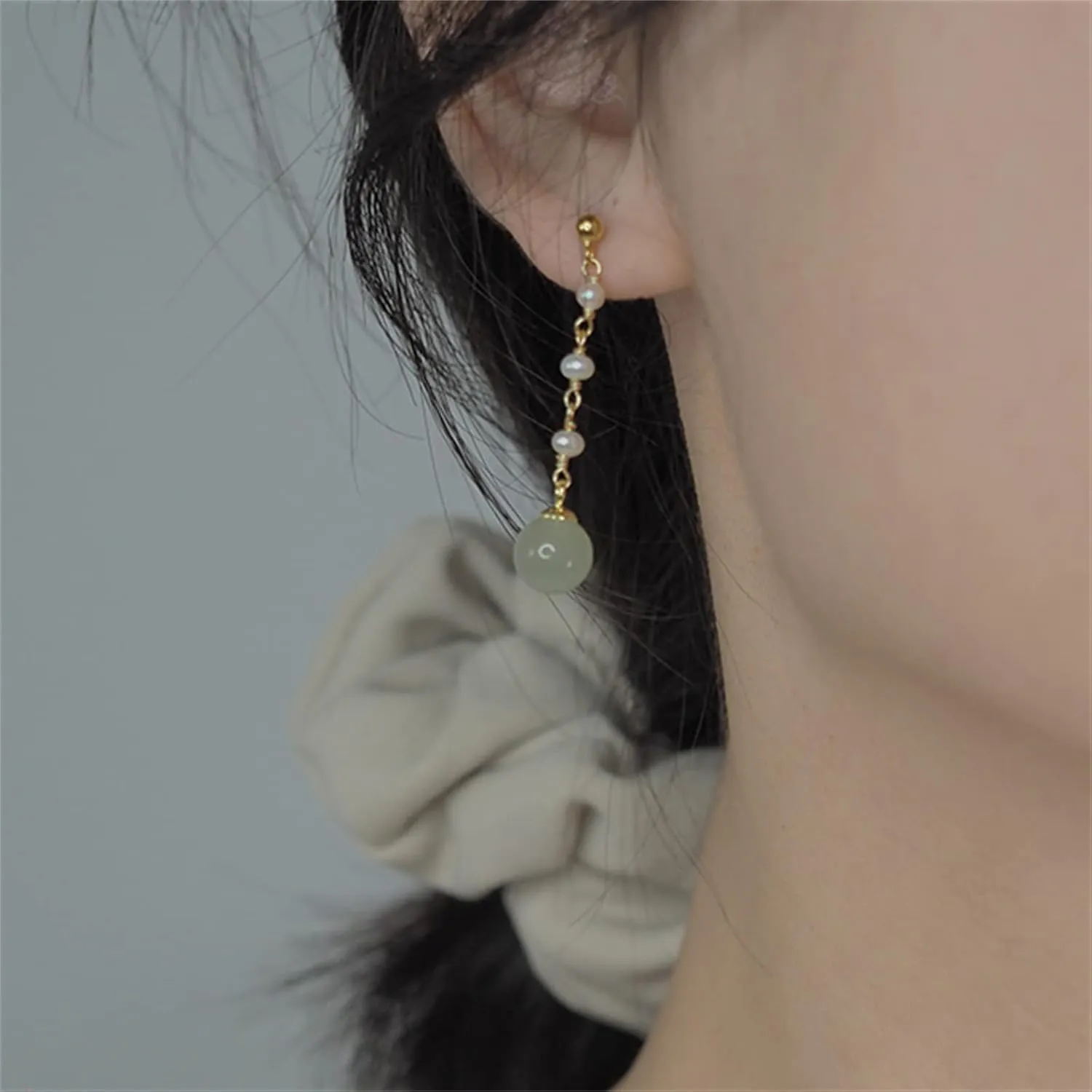 Natural Hetian Jade & Pearl Earrings for Women, Dainty Lucky Green Jade Charm Pendant Jewelry Studs, Handmade Ear Stud Earrings Hoop Earrings for Women (925 Sterling Silver with Gold Plated)