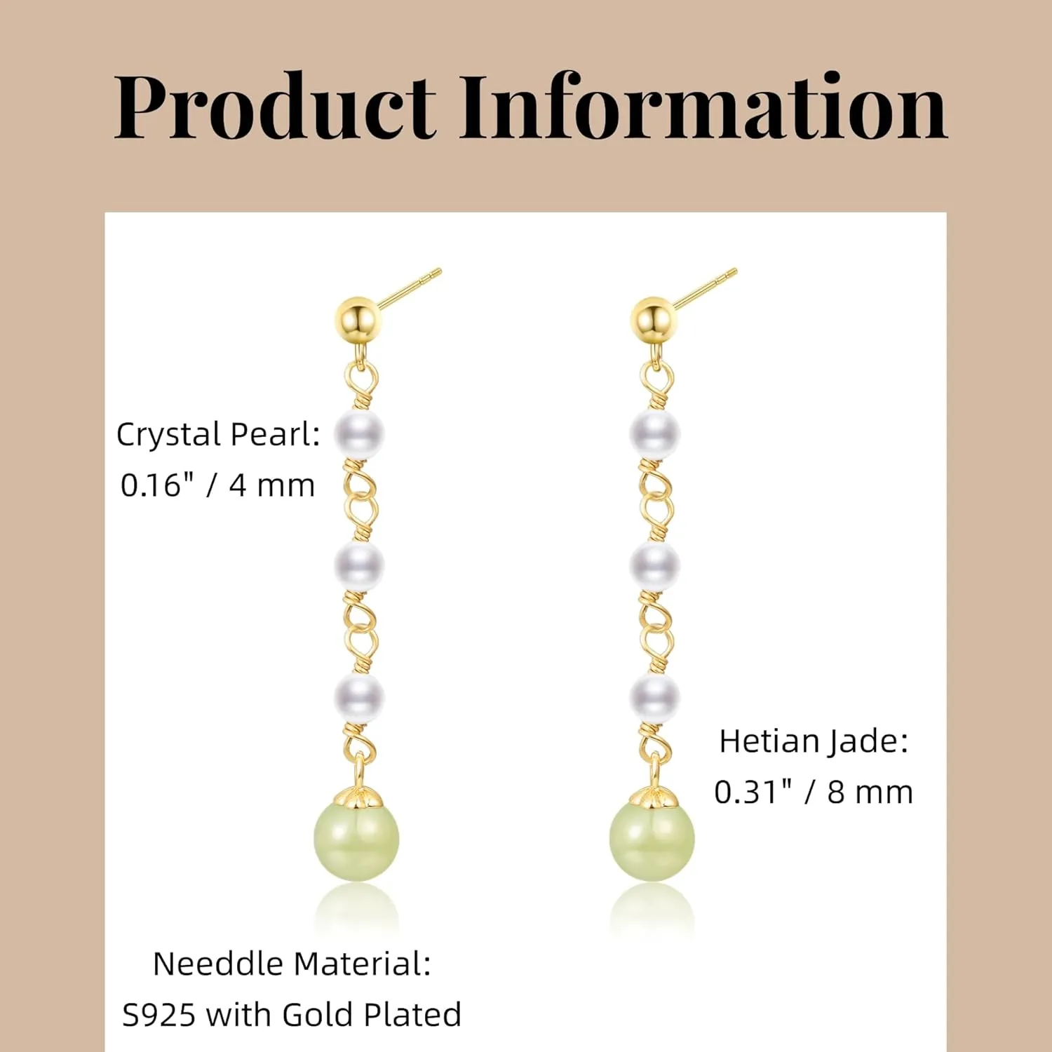 Natural Hetian Jade & Pearl Earrings for Women, Dainty Lucky Green Jade Charm Pendant Jewelry Studs, Handmade Ear Stud Earrings Hoop Earrings for Women (925 Sterling Silver with Gold Plated)