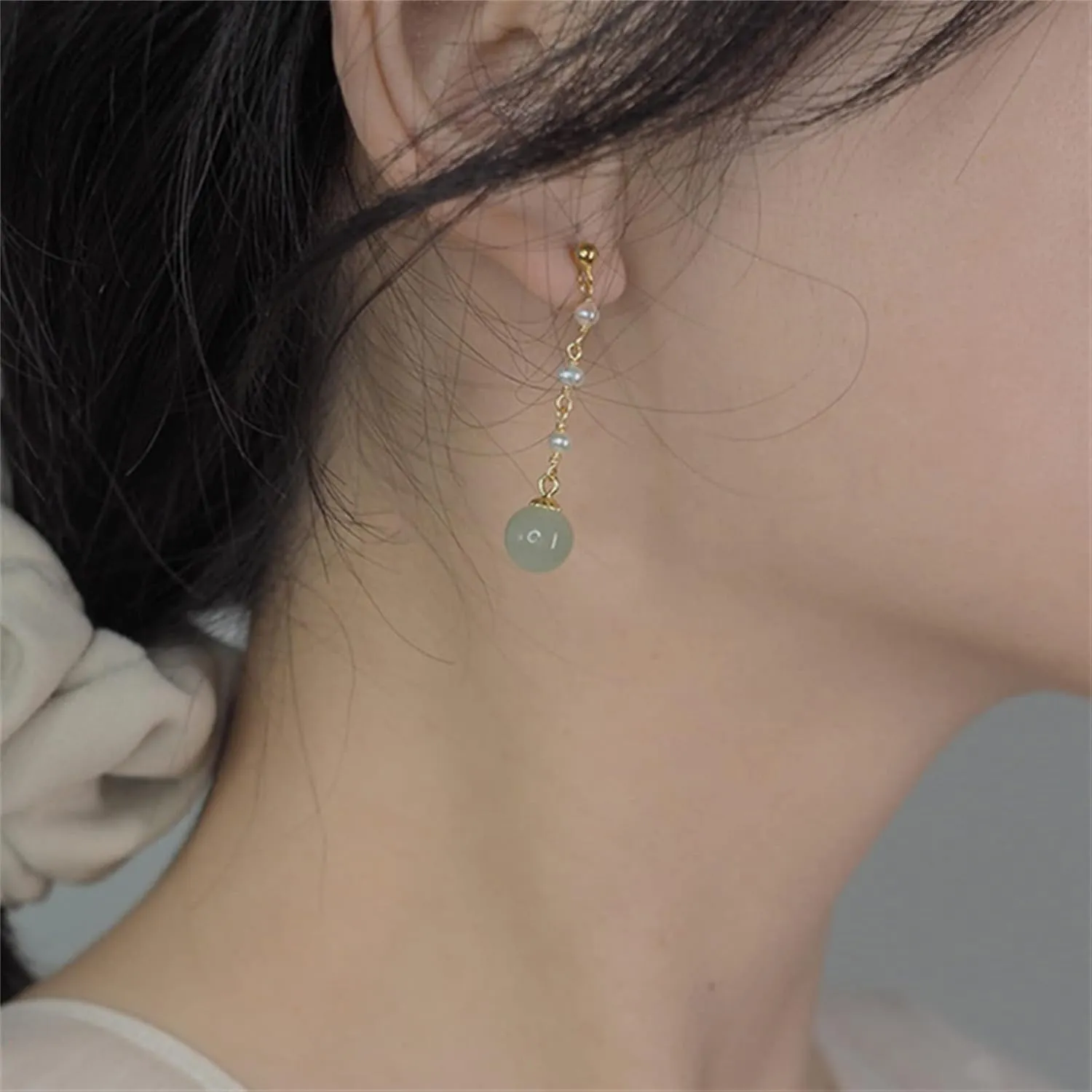 Natural Hetian Jade & Pearl Earrings for Women, Dainty Lucky Green Jade Charm Pendant Jewelry Studs, Handmade Ear Stud Earrings Hoop Earrings for Women (925 Sterling Silver with Gold Plated)