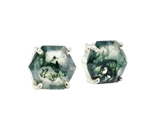 Natural Moss Agate Studs Hexagon Studs Minimalist Moss Earrings Green Moss Agate Gemstone 925 Sterling Silver Girls Earring Gemstone Earring (10 MM, Silver)