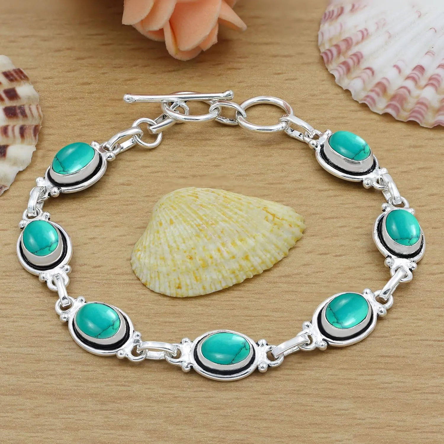 Natural Oval Gemstones Sterling Silver Plated Link Bracelet - Handmade Birthstone Vintage Style Adjustable Bracelets - Women's Jewelry Gift for Mom Wife Sister Grandmother