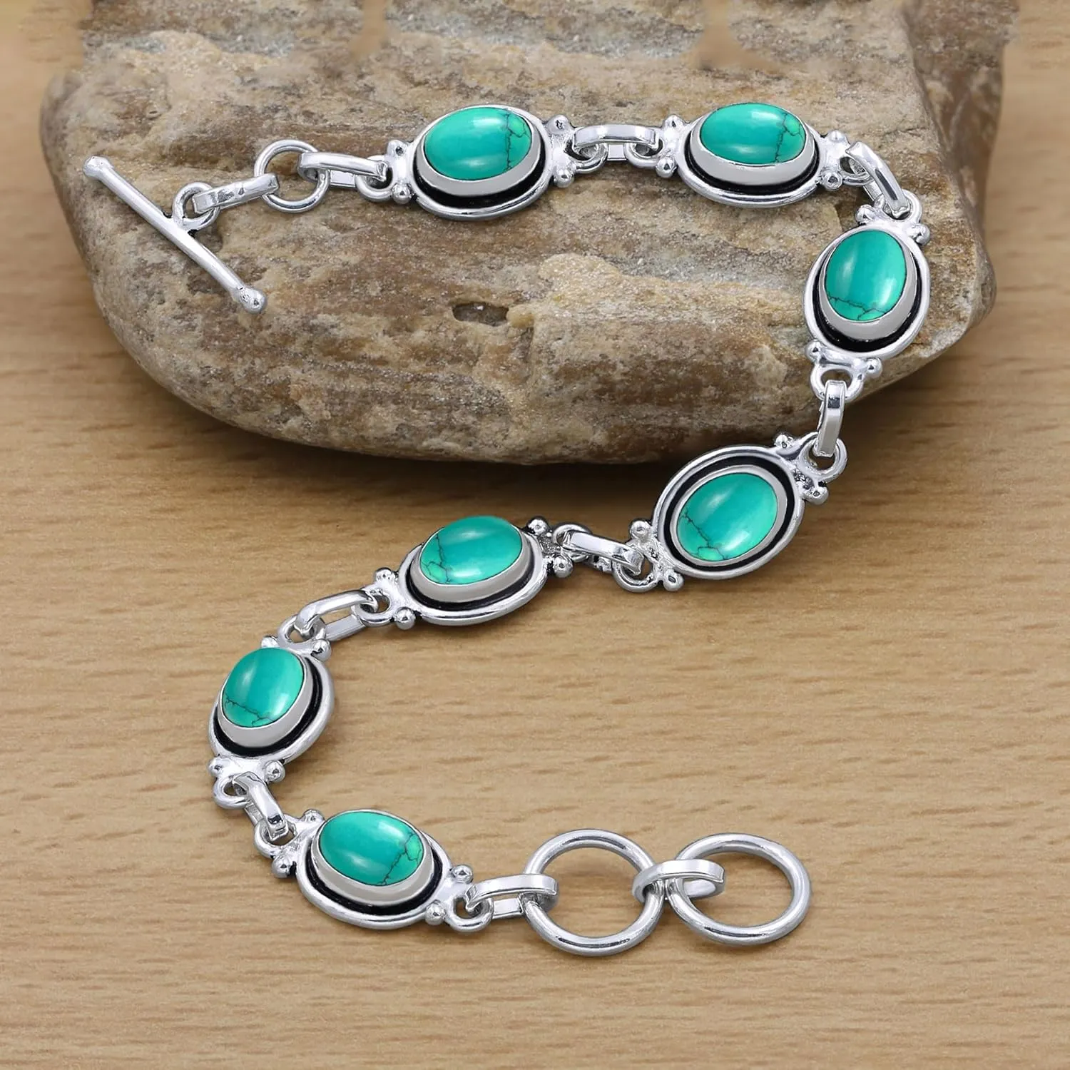 Natural Oval Gemstones Sterling Silver Plated Link Bracelet - Handmade Birthstone Vintage Style Adjustable Bracelets - Women's Jewelry Gift for Mom Wife Sister Grandmother