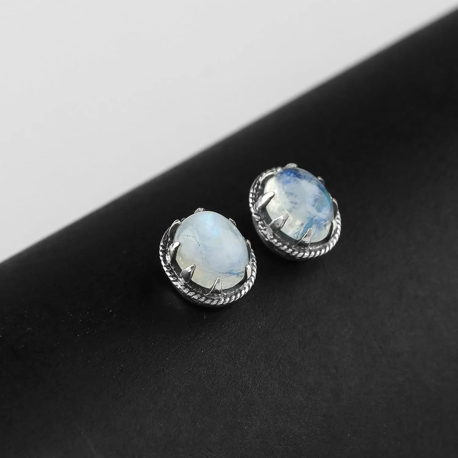 Natural Rainbow Moonstone Stud, 925 Sterling Silver Earrings, Gemstones Cabochon, Handmade, Women Jewelry, Chakra Healing Crystals, Gifts for Women & Girls