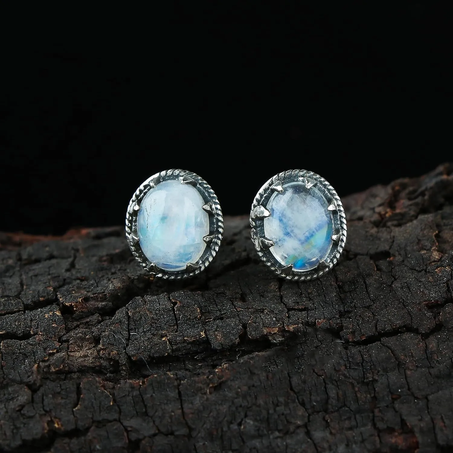 Natural Rainbow Moonstone Stud, 925 Sterling Silver Earrings, Gemstones Cabochon, Handmade, Women Jewelry, Chakra Healing Crystals, Gifts for Women & Girls