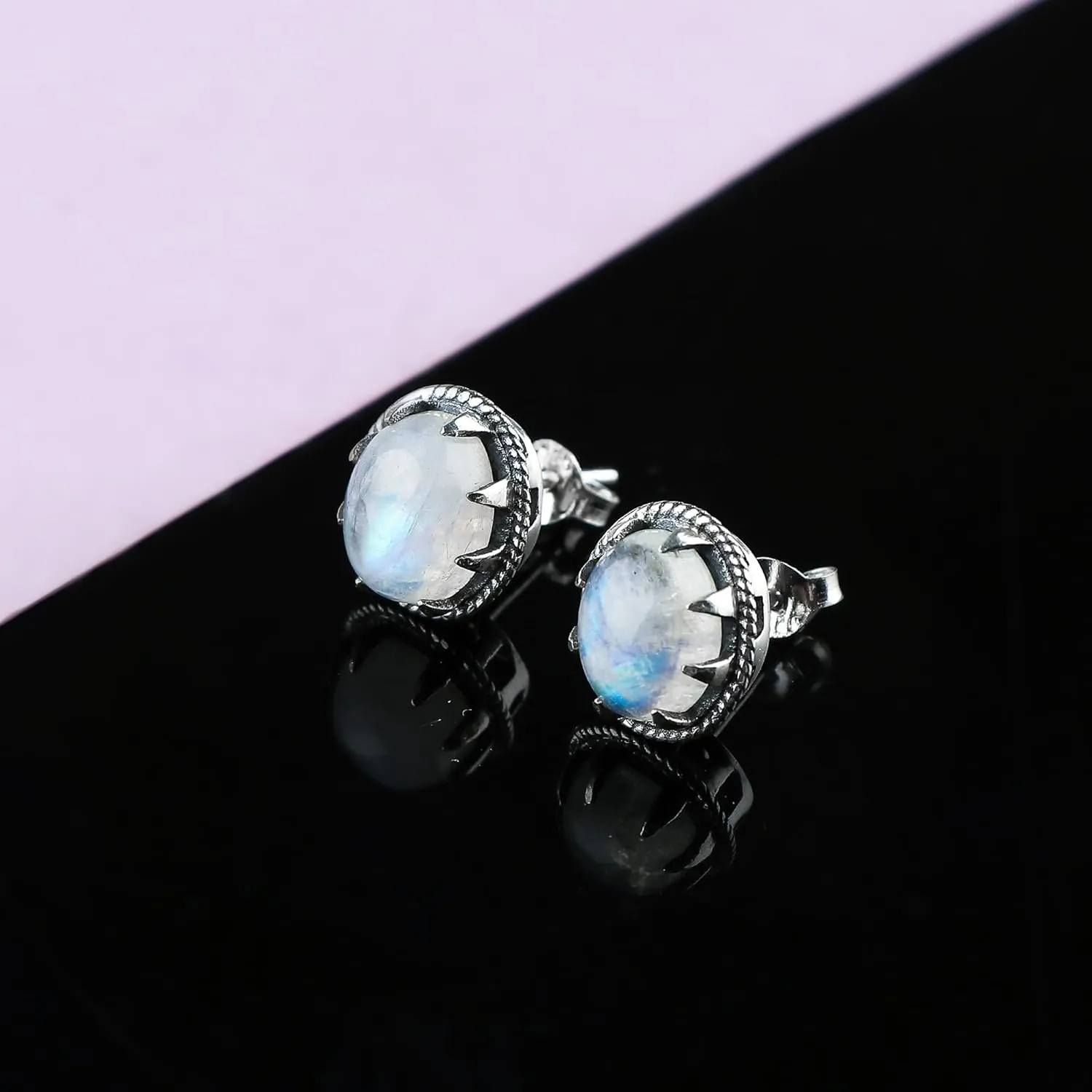 Natural Rainbow Moonstone Stud, 925 Sterling Silver Earrings, Gemstones Cabochon, Handmade, Women Jewelry, Chakra Healing Crystals, Gifts for Women & Girls