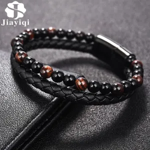 Natural Red Tiger Eyes Stone Beaded Bracelet Double Layer Leather Bangle for Men 2020 Fashion Punk Male Jewelry Christmas Gift