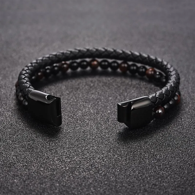 Natural Red Tiger Eyes Stone Beaded Bracelet Double Layer Leather Bangle for Men 2020 Fashion Punk Male Jewelry Christmas Gift