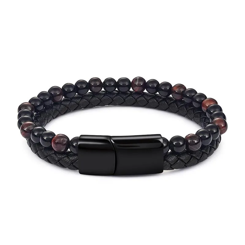 Natural Red Tiger Eyes Stone Beaded Bracelet Double Layer Leather Bangle for Men 2020 Fashion Punk Male Jewelry Christmas Gift