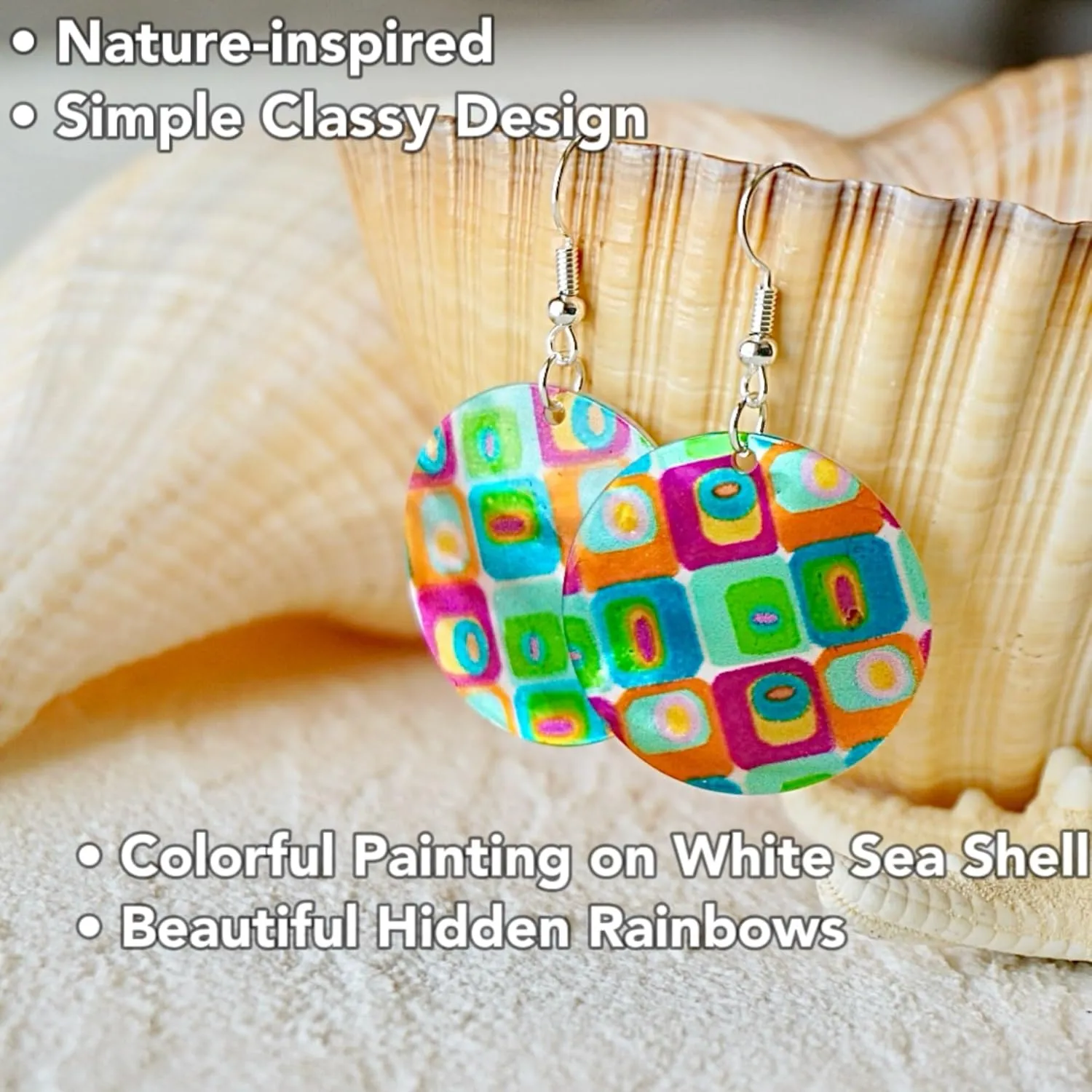 Natural Sea Shell Earrings, Colorful Painted Flower, White Mother of Pearl Round Disc Drop Dangle Floral Earrings, Beach Jewelry, Trendy Women Girl Gift (Colorful)