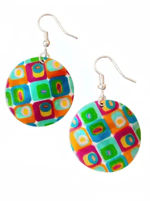 Natural Sea Shell Earrings, Colorful Painted Flower, White Mother of Pearl Round Disc Drop Dangle Floral Earrings, Beach Jewelry, Trendy Women Girl Gift (Colorful)