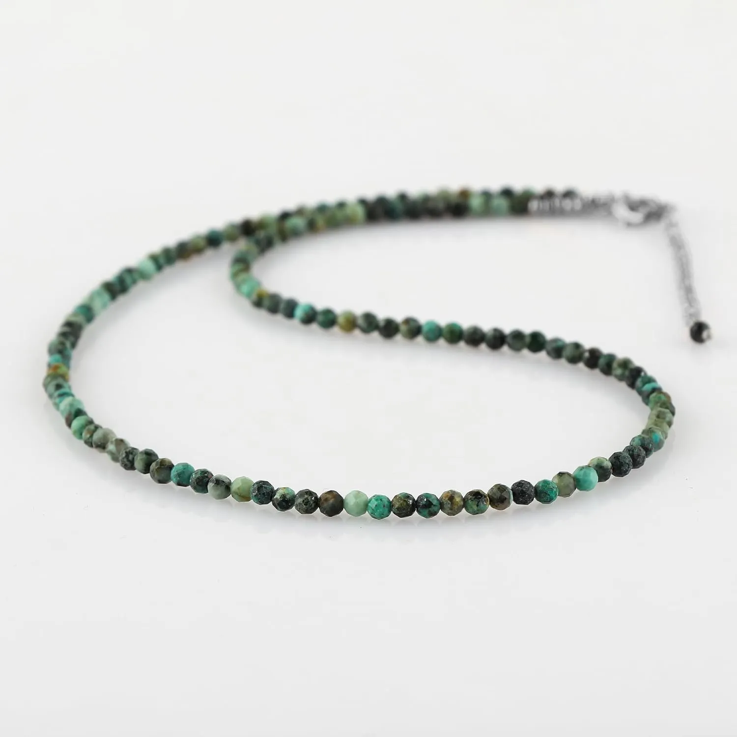 Natural Tibetan Turquoise Gemstone Micro Faceted Round 3-3.5 mm Beads Dainty Choker Necklace Handmade Jewelry for Women Healing Chakra Silver Plated Chain, Christmas Gift (Tibetan Turquoise)