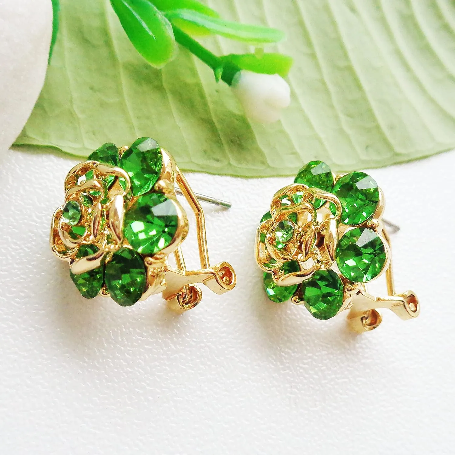 Navachi 18k Gold Plated Colorful Crystal Leaves Flower Omega Back Earrings