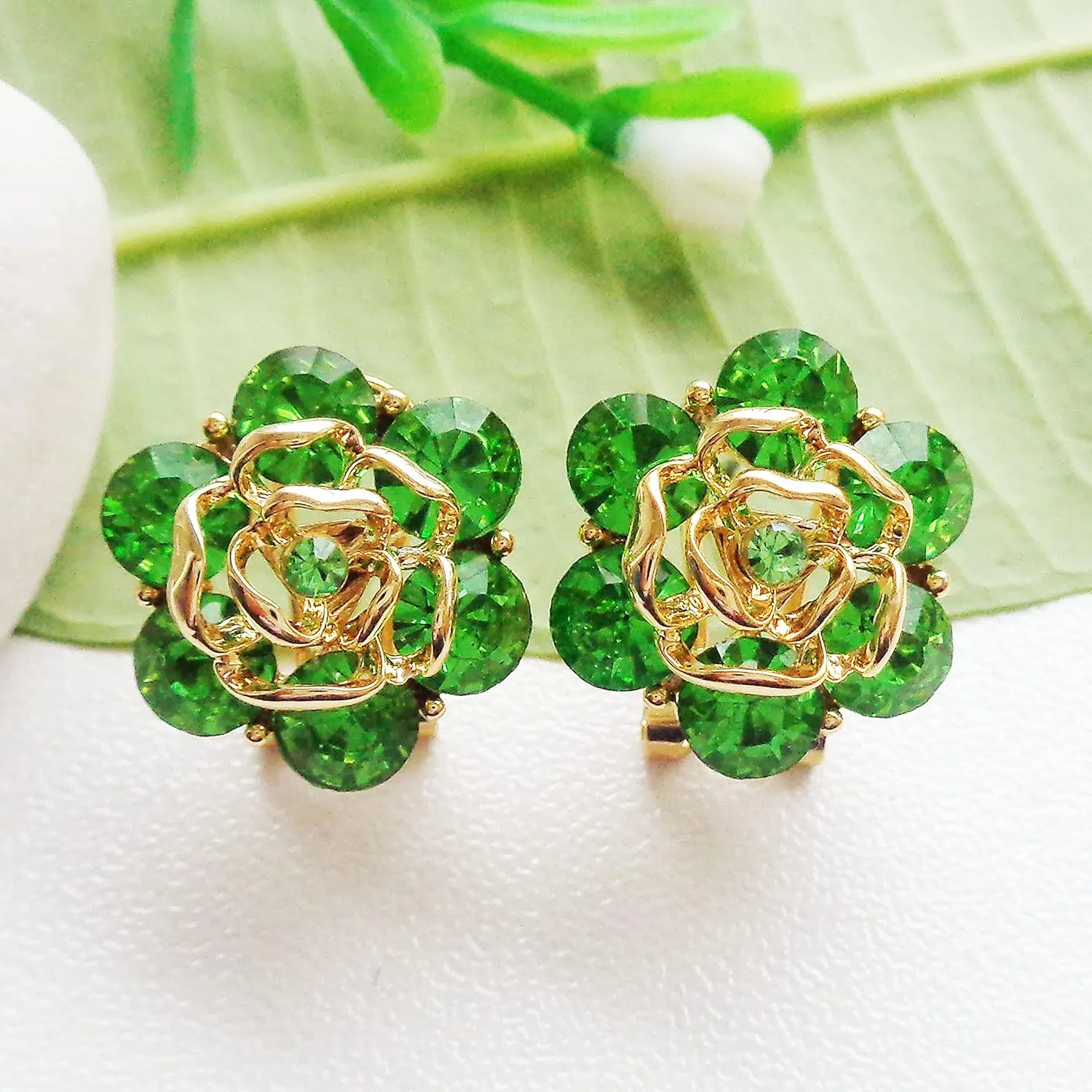 Navachi 18k Gold Plated Colorful Crystal Leaves Flower Omega Back Earrings