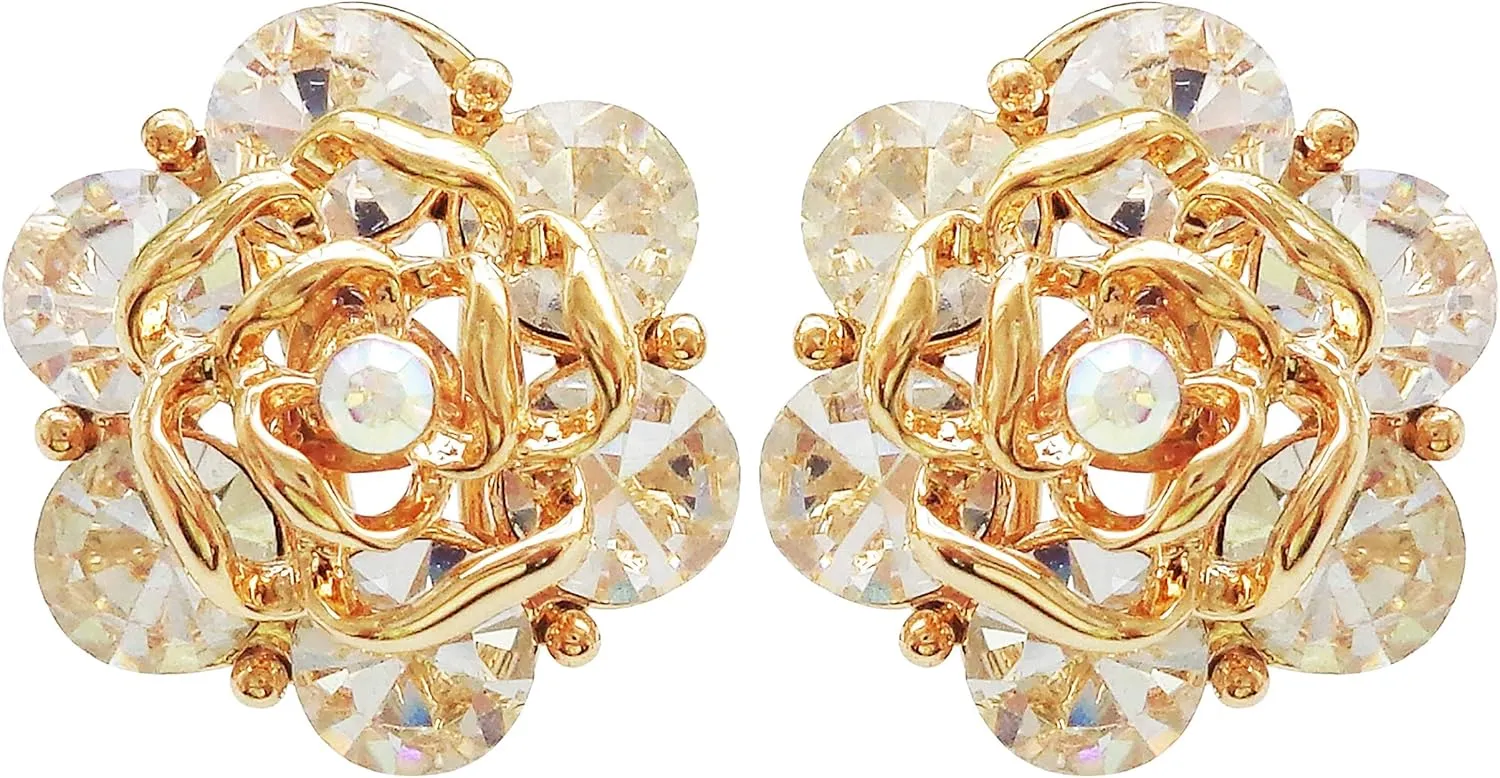 Navachi 18k Gold Plated Colorful Crystal Leaves Flower Omega Back Earrings