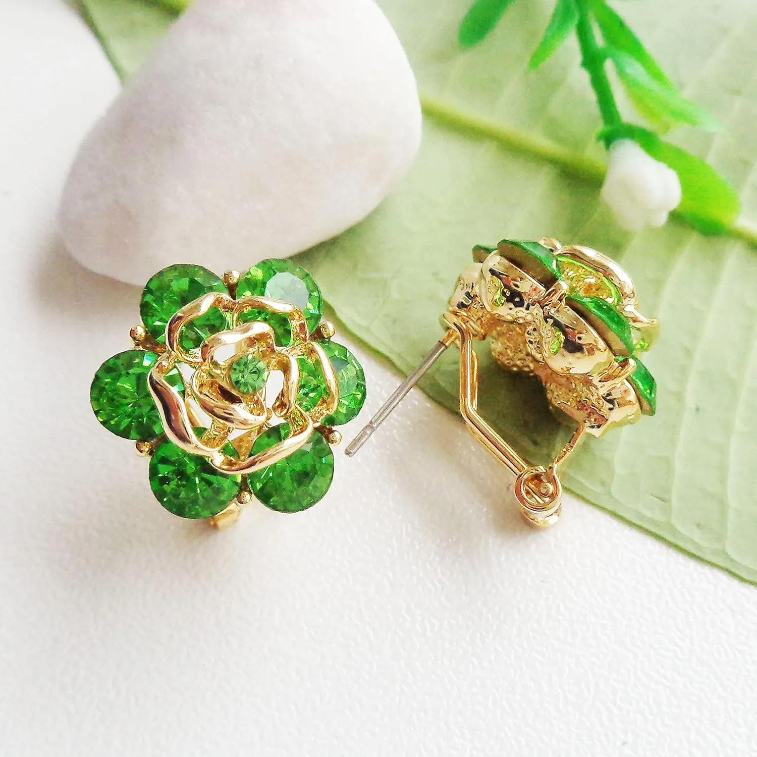 Navachi 18k Gold Plated Colorful Crystal Leaves Flower Omega Back Earrings