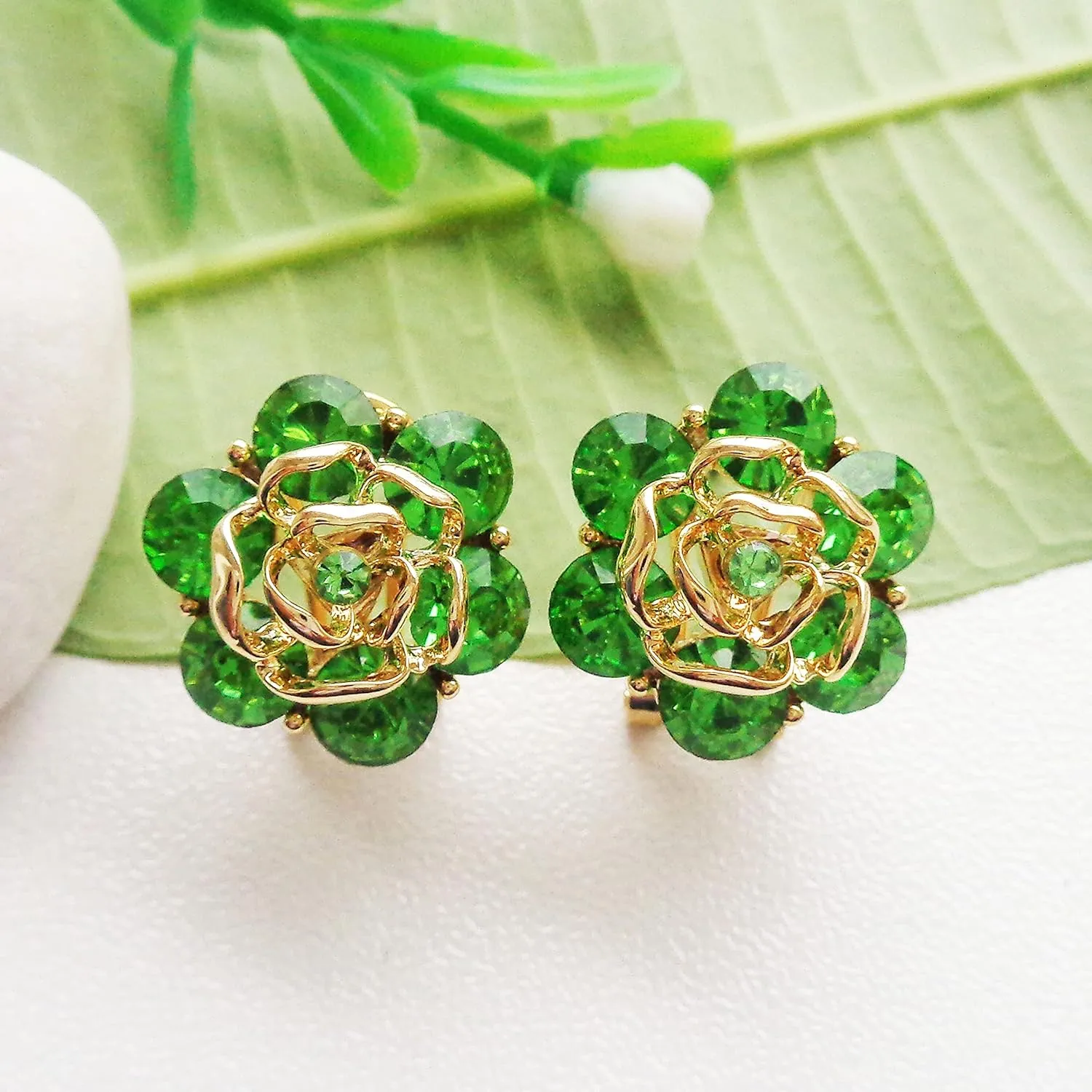 Navachi 18k Gold Plated Colorful Crystal Leaves Flower Omega Back Earrings