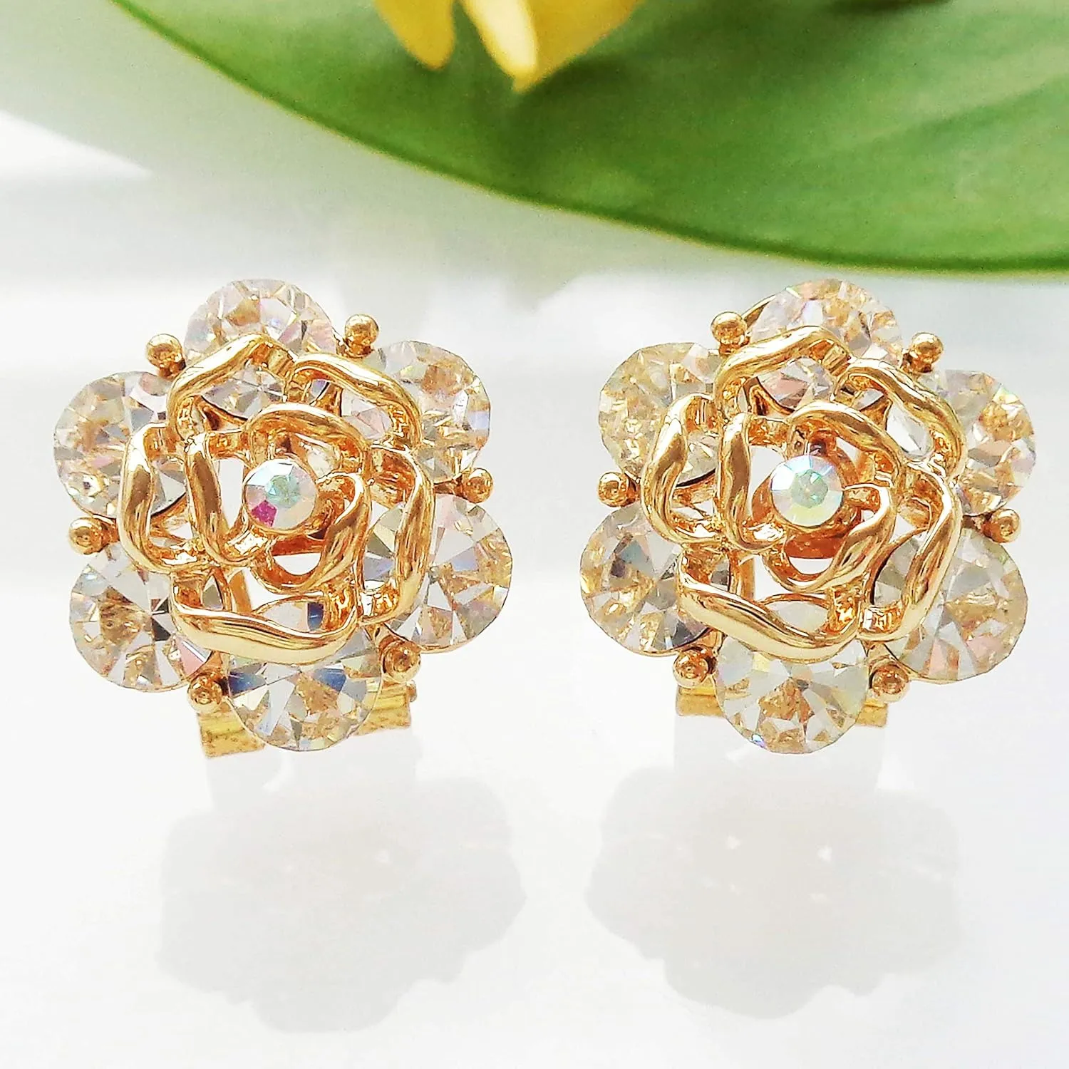 Navachi 18k Gold Plated Colorful Crystal Leaves Flower Omega Back Earrings