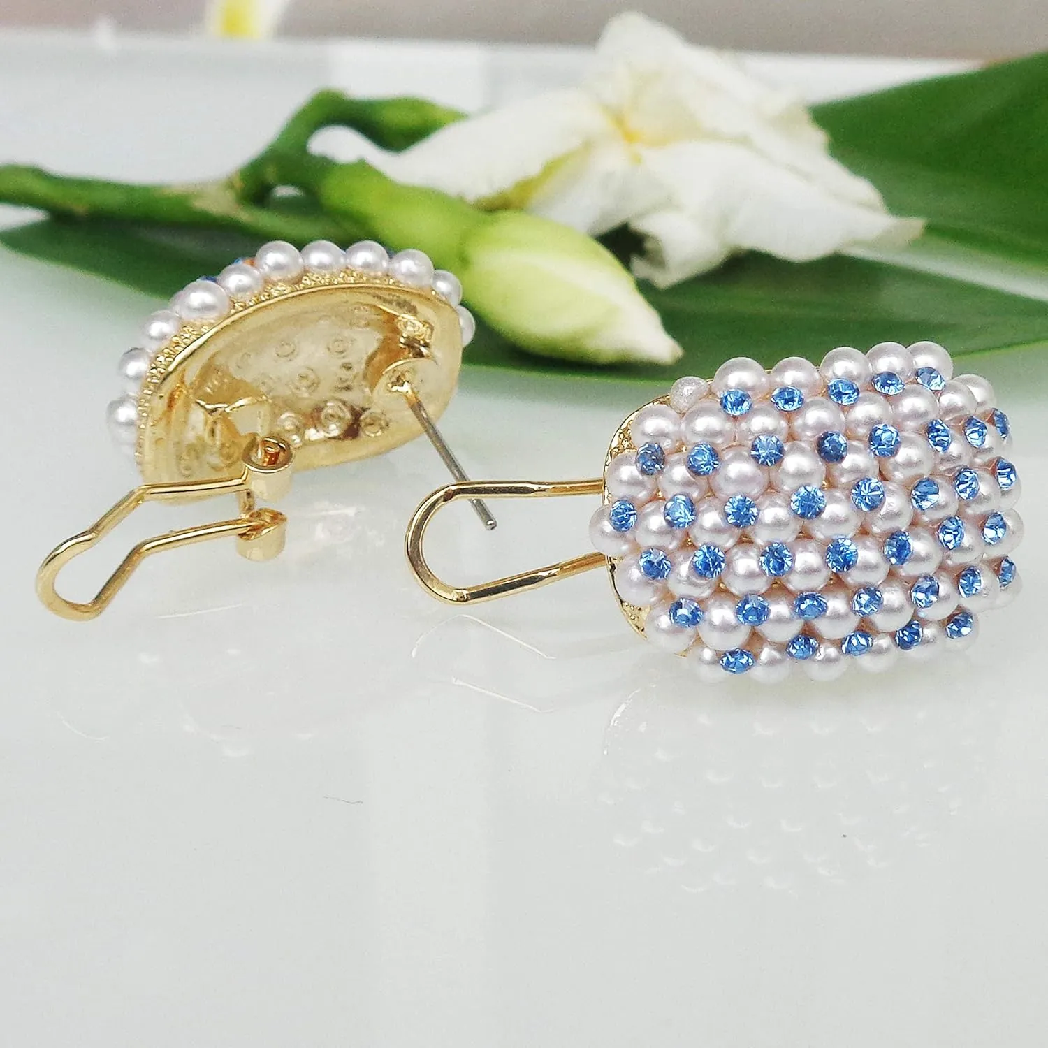 Navachi 18k Gold Plated Colorful Crystal Little Pearl Omega Back Earrings
