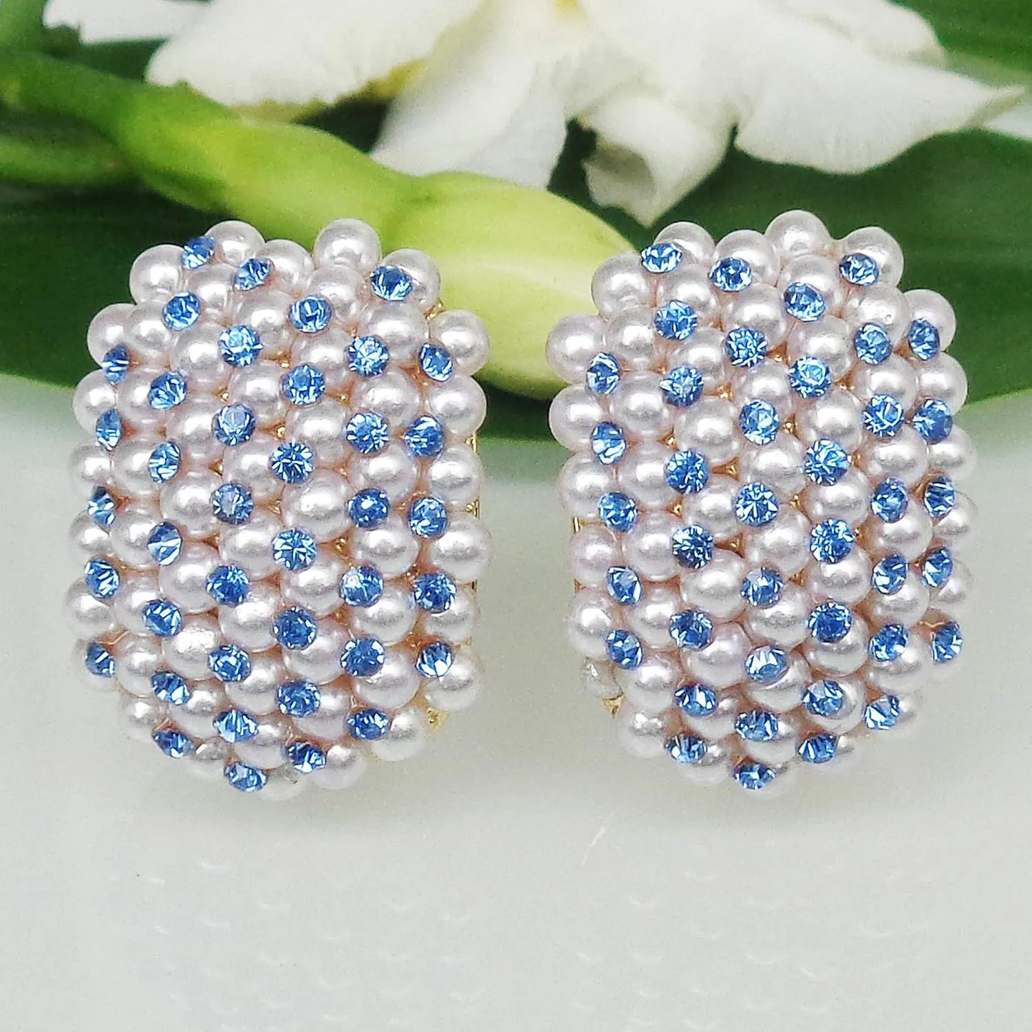 Navachi 18k Gold Plated Colorful Crystal Little Pearl Omega Back Earrings