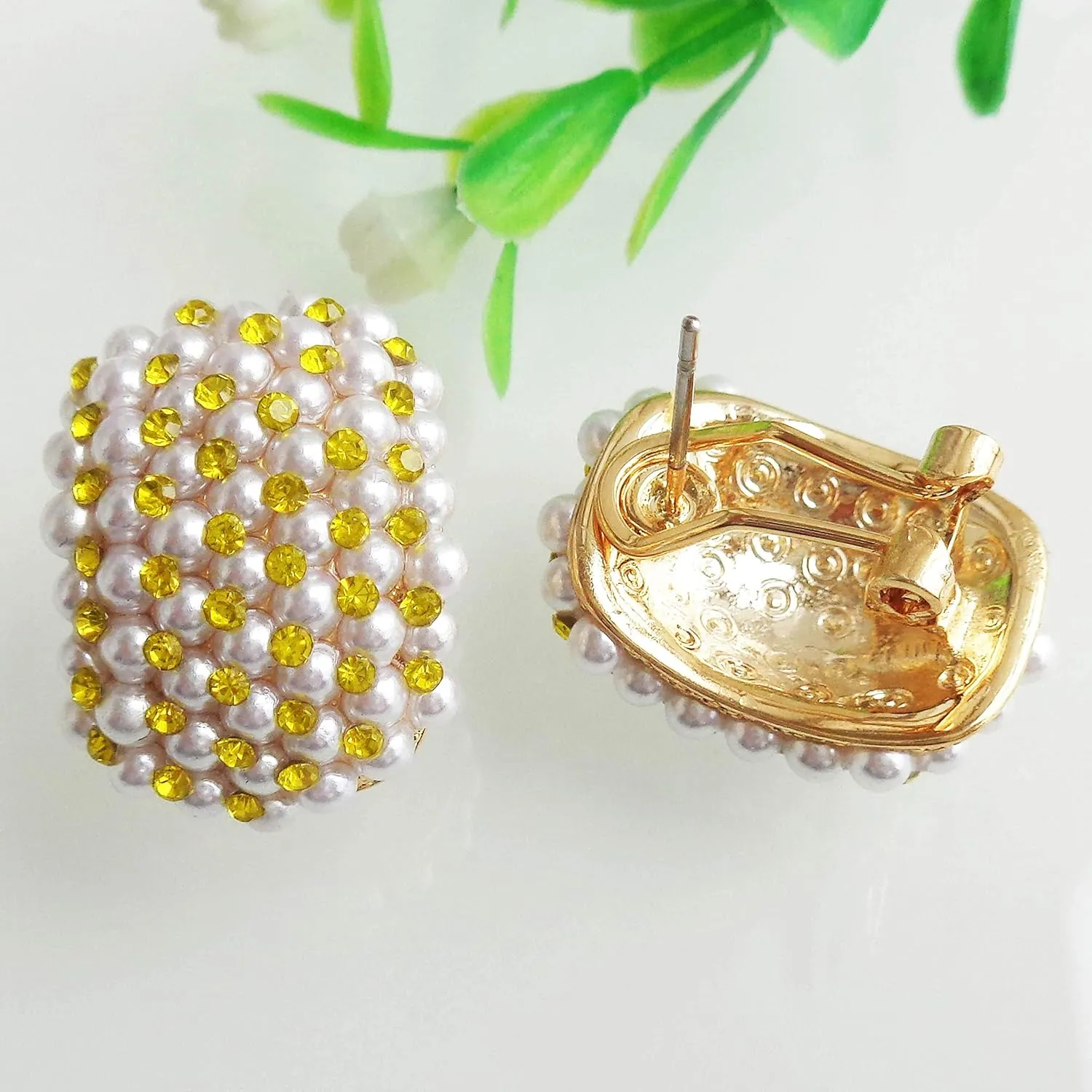 Navachi 18k Gold Plated Colorful Crystal Little Pearl Omega Back Earrings