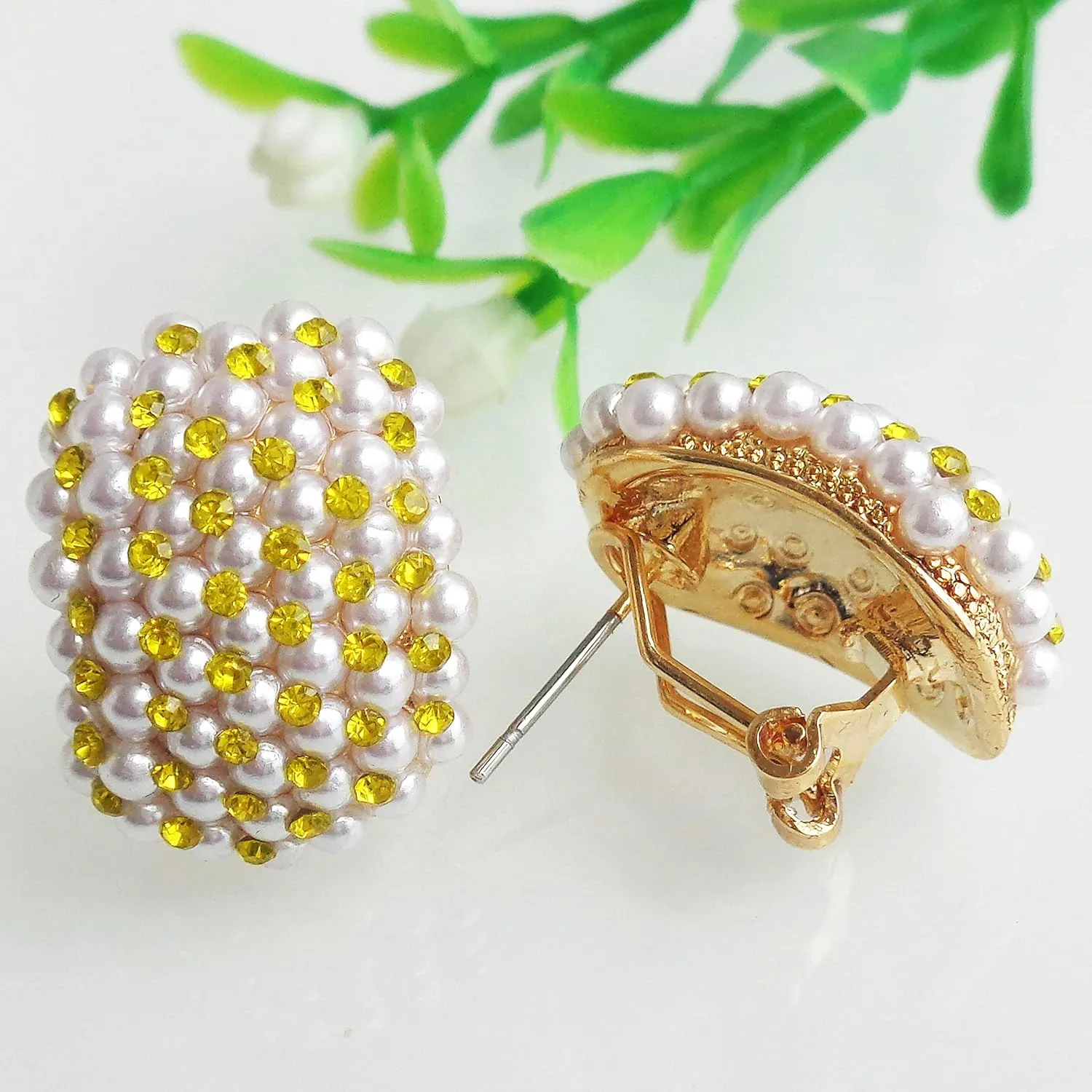 Navachi 18k Gold Plated Colorful Crystal Little Pearl Omega Back Earrings