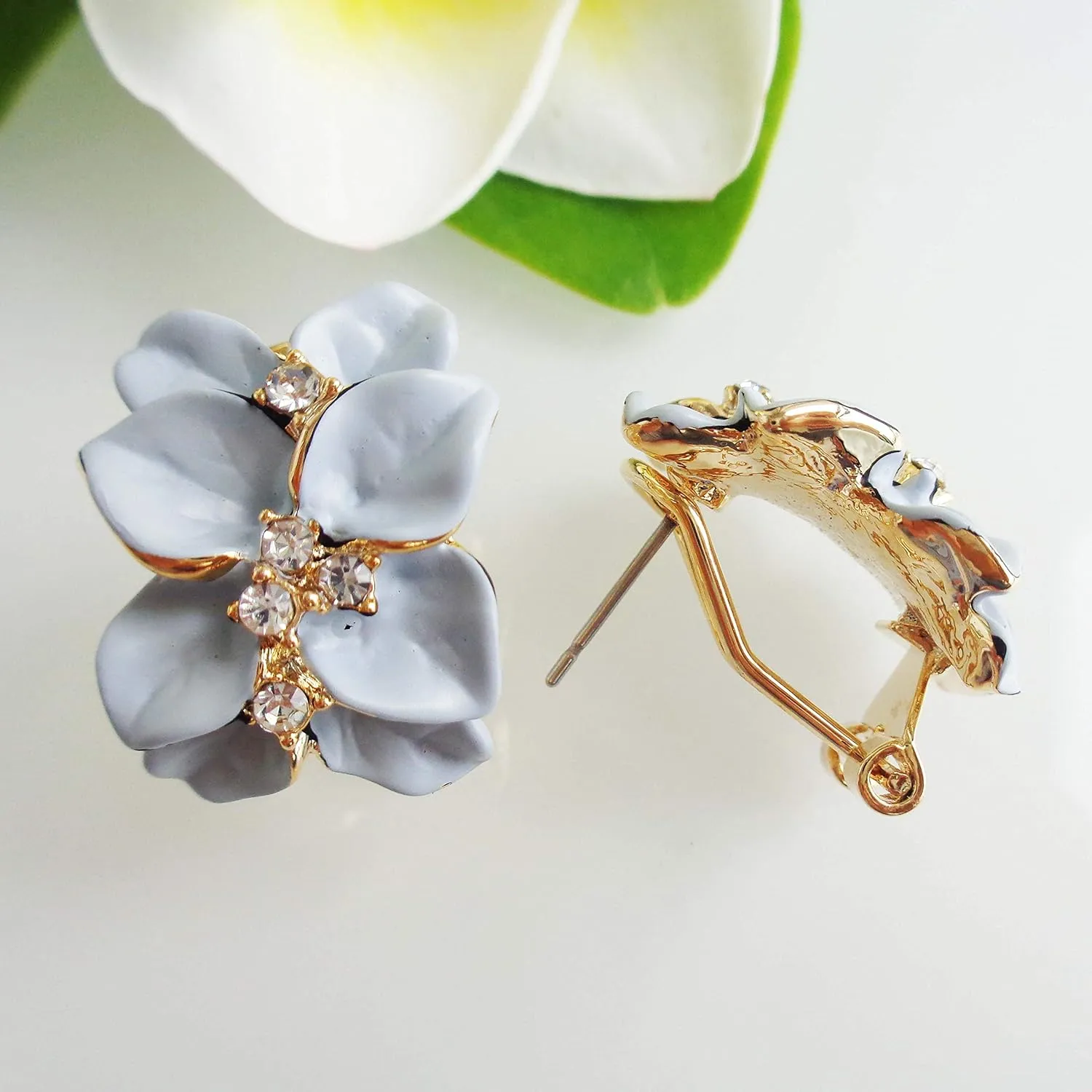 Navachi 18k Gold Plated White Crystal colorful Enamel Leaves Flower Omega Back Earrings