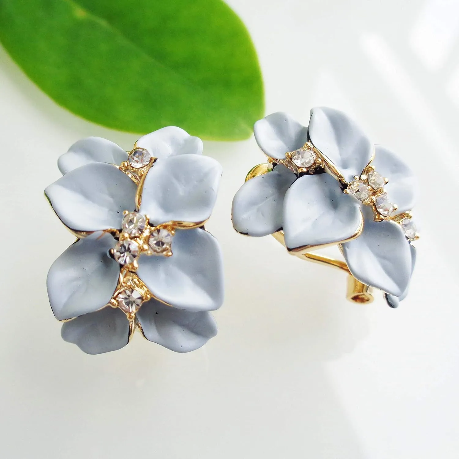 Navachi 18k Gold Plated White Crystal colorful Enamel Leaves Flower Omega Back Earrings