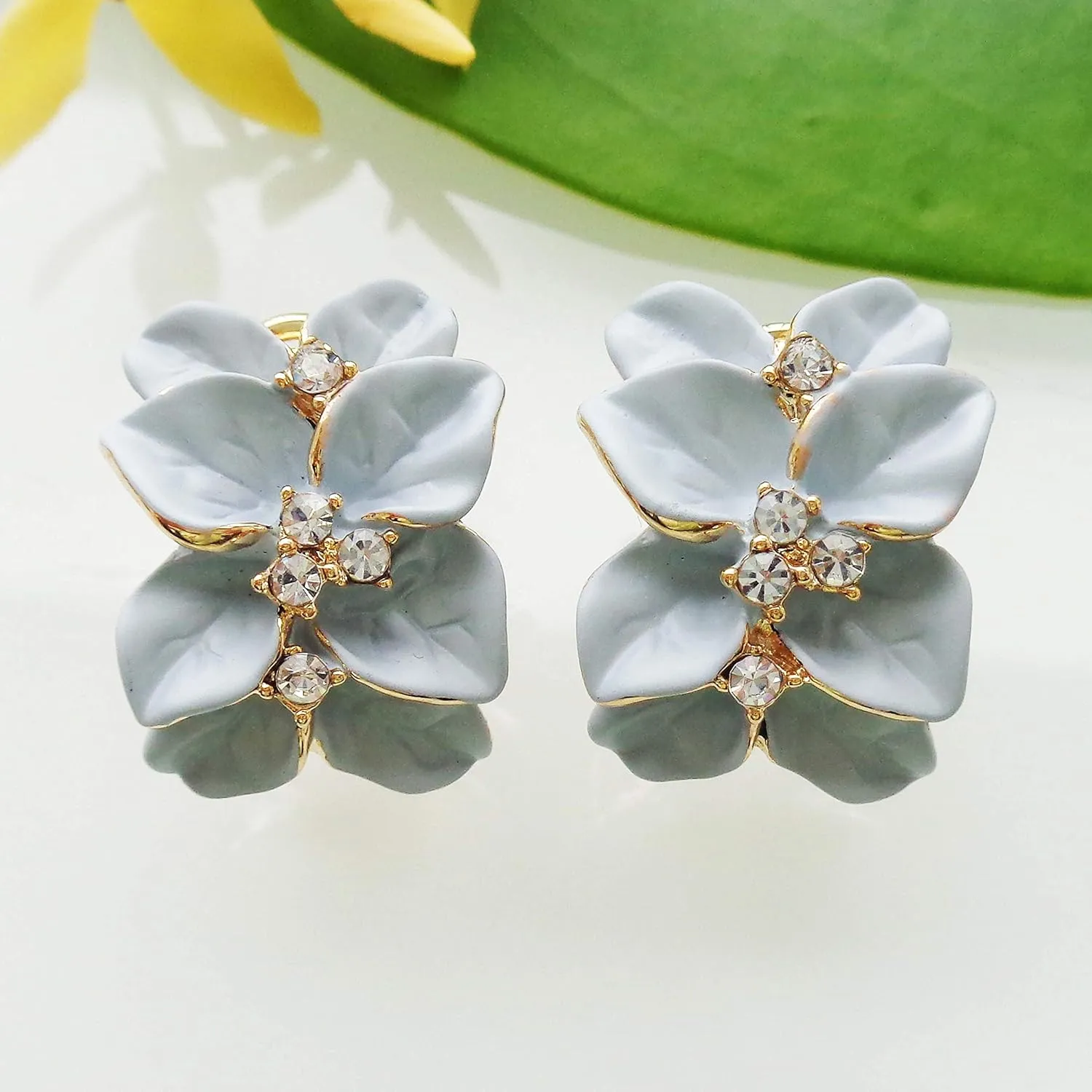 Navachi 18k Gold Plated White Crystal colorful Enamel Leaves Flower Omega Back Earrings