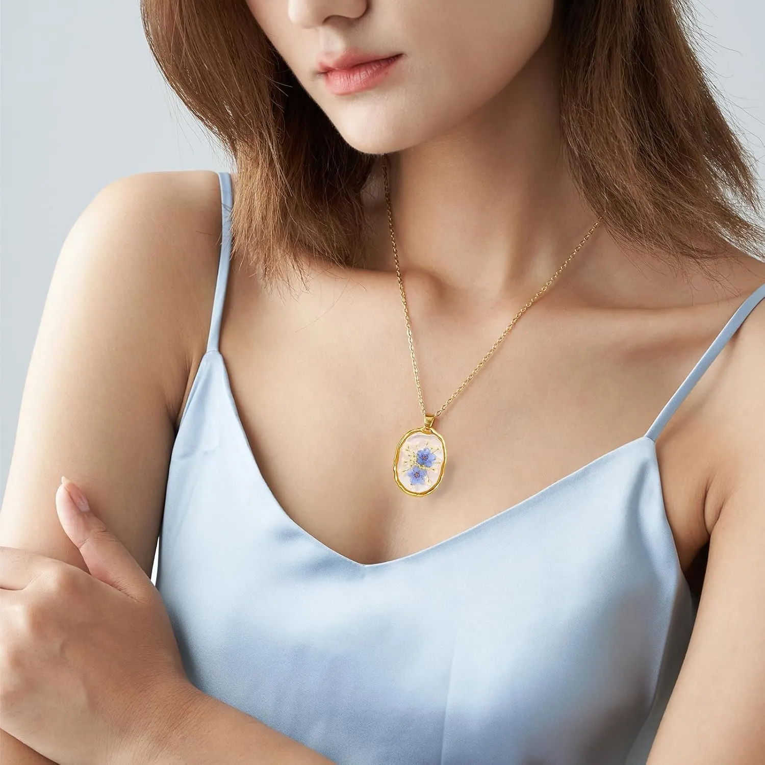 Necklace Forget Me Not Jewelry - Handmade Pressed Flower Necklaces - Forget-Me-Not Flowers Symbolize True Love And Respect - Great Gift for Women - Rose Gold Pendant | 18