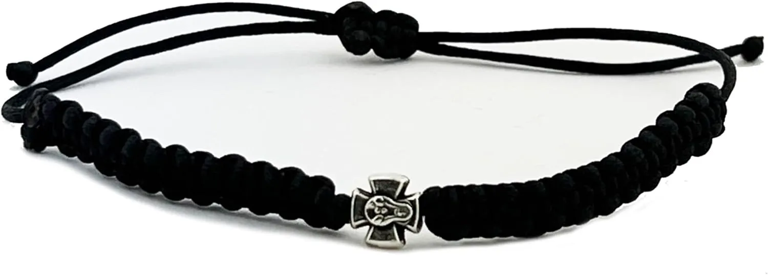 Needzo Adjustable Black Prayer Bracelet with Panagia Theotokos Virgin Mary Metal Cross Icon - Handcrafted in Lebanon
