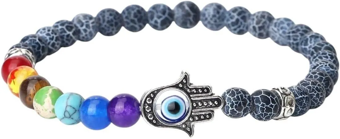 New 2025 6Mm 7 Beads Bracelets Lucky Hand Of Fatima Women Men Natural Lava Stone Agates Bracelet & Bangle Prayer Jewelry Fashion Trendy Accessories Creative Gift