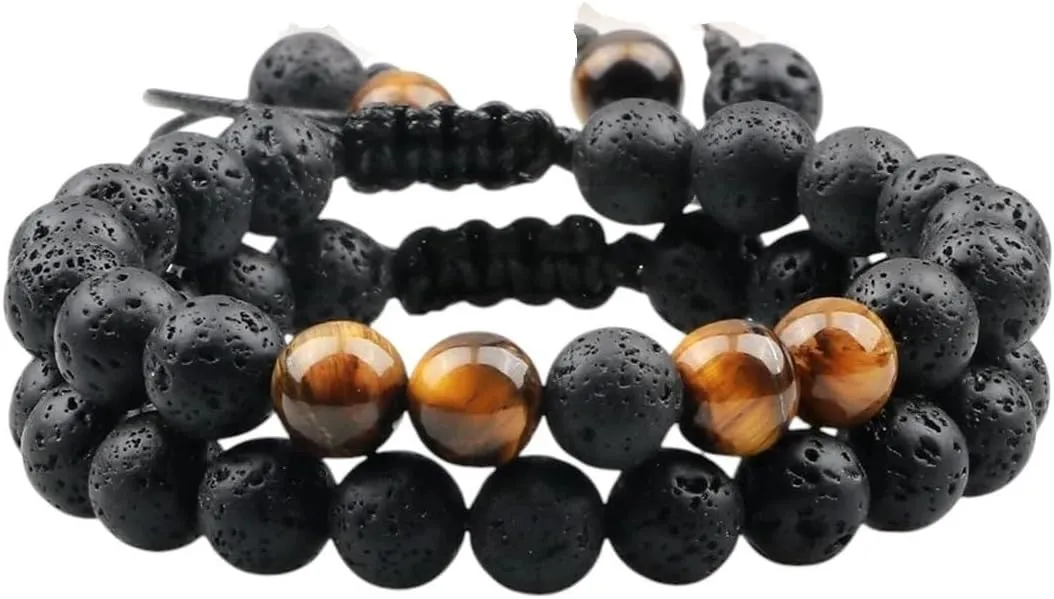 New 2025 Unisex 2Pc/Set Couple Distance Beaded Bracelet 8Mm Natural Stone Tiger Eye Black Lava Bracelets For Women Prayer Jewelry Fashion Trendy Accessories Creative Gift For Women And Men