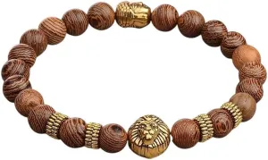 New 2025 Unisex Hot 8Mm Men Natural Wood Beads Gold Plated Lion Head Yoga Bracelet For Couples Elastic Buddhist Prayer Hombre Bracelets Jewelry Fashion Trendy Accessories Creative Gift Women And