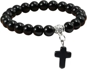 New 2025 Unisex Natural Stone Cross Beaded Bracelets Charm Women Men Black Lava Rock Bead Onyx Stretch Strand Bracelet&Bangle Prayer Jewelry Fashion Trendy Accessories Creative Gift For Women And Men