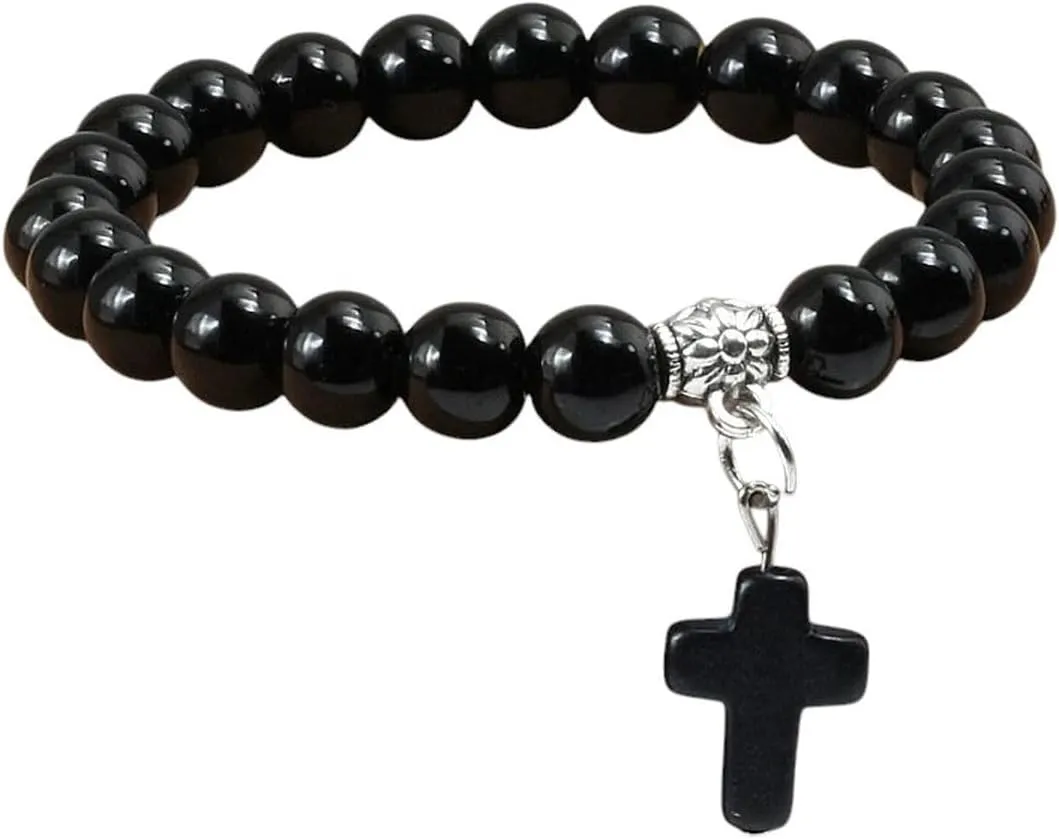 New 2025 Unisex Natural Stone Cross Beaded Bracelets Charm Women Men Black Lava Rock Bead Onyx Stretch Strand Bracelet&Bangle Prayer Jewelry Fashion Trendy Accessories Creative Gift For Women And Men
