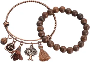 New 2025 Vintage Women's Flower Tree Tassel Alloy Bracelet Set Handmade Prayer Wooden Beads Fashion Jewelry Female Gifts Trendy Accessories Creative Gift